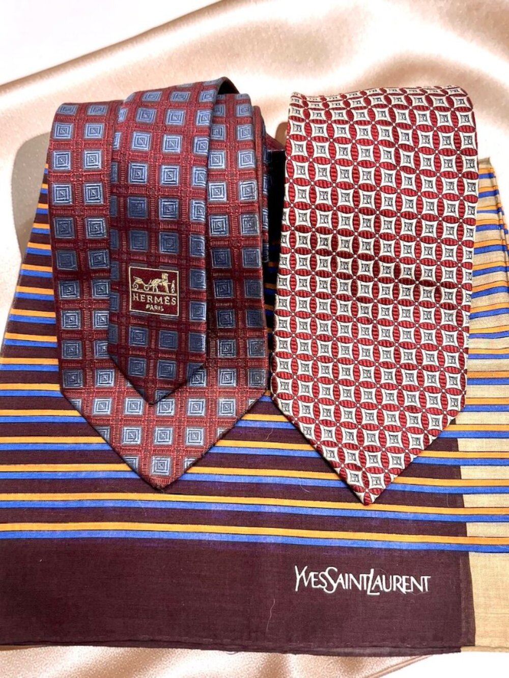 2 Neck ties Hermès Paris Silk France Made & Gentle Men +  1YSL Handkerchie (49) - Picture 16 of 16